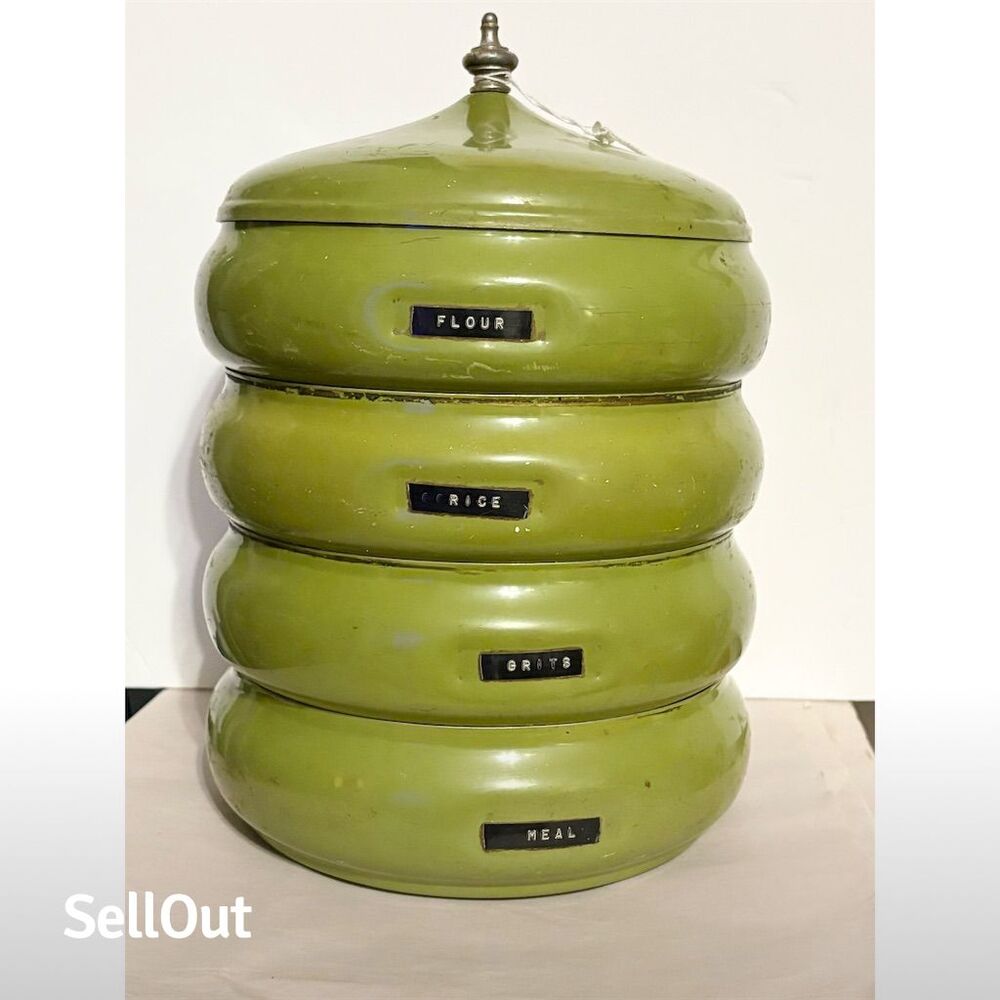 Vintage Avocado Green Mid-Century Modern Stacking Canister Set of 4